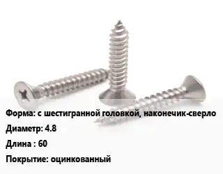 Саморез с шестигранной головкой, наконечик-сверло D=4.8 L=60 оцинкованный